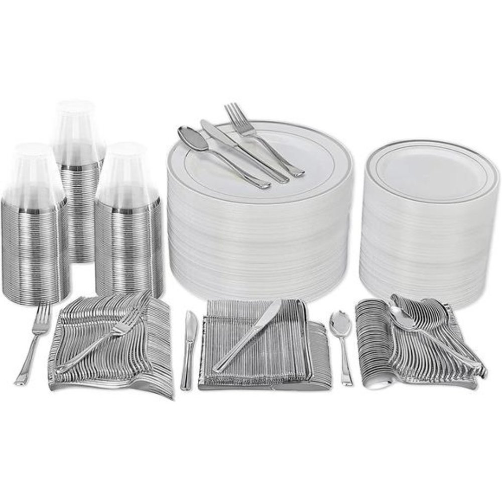 600 Piece Silver Plastic Dinnerware Set (100 Guests), 100 Dinner Silver Plates
